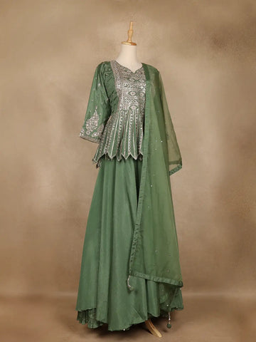 Green Floral Designed Semi Silk Lehenga - Diadem