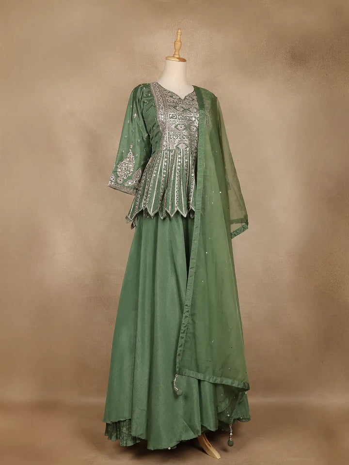 Green Floral Designed Semi Silk Lehenga - Diadem