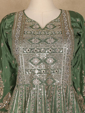 Green Floral Designed Semi Silk Lehenga - Diadem