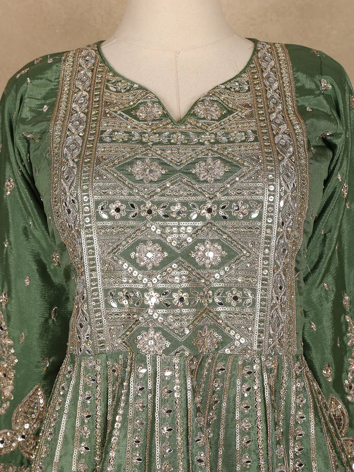 Green Floral Designed Semi Silk Lehenga - Diadem
