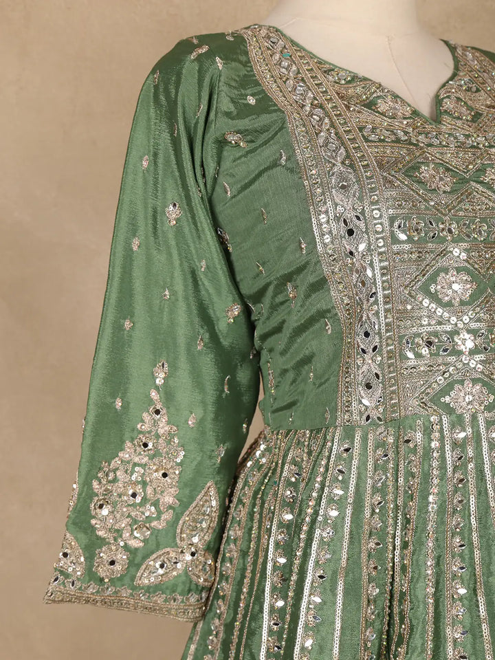 Green Floral Designed Semi Silk Lehenga - Diadem