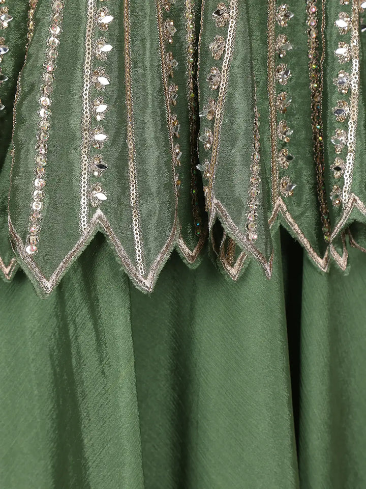 Green Floral Designed Semi Silk Lehenga - Diadem