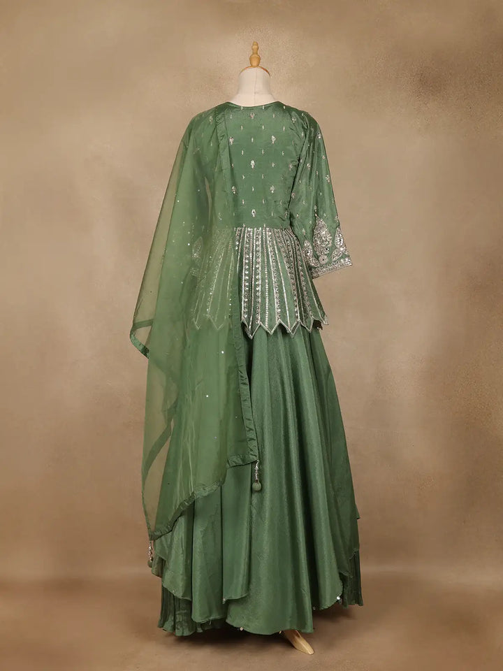 Green Floral Designed Semi Silk Lehenga - Diadem