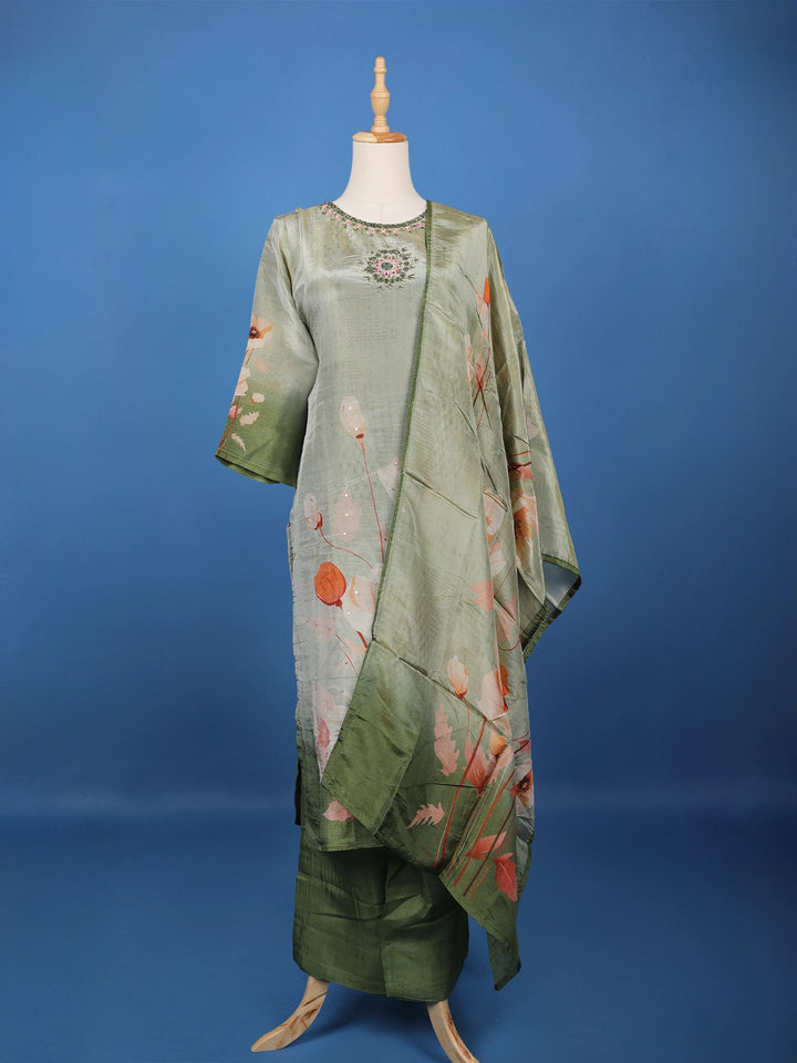 Green Floral Designed Silk Salwar Suit - Diadem