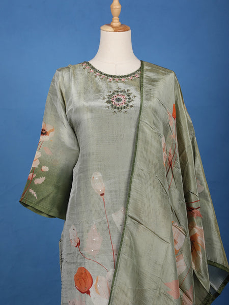 Green Floral Designed Silk Salwar Suit - Diadem
