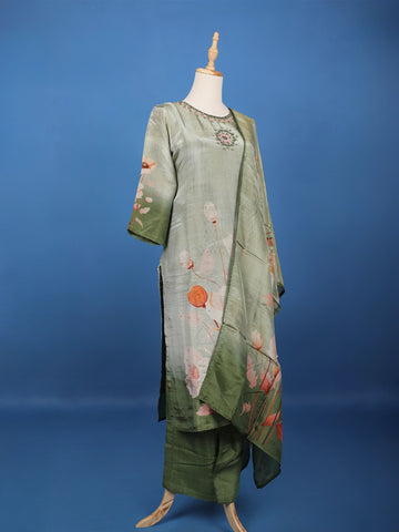 Green Floral Designed Silk Salwar Suit - Diadem
