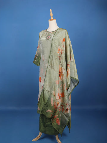 Green Floral Designed Silk Salwar Suit - Diadem
