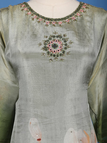 Green Floral Designed Silk Salwar Suit - Diadem
