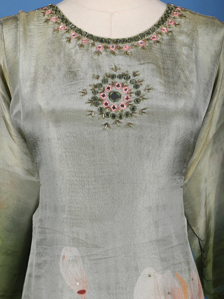 Green Floral Designed Silk Salwar Suit - Diadem