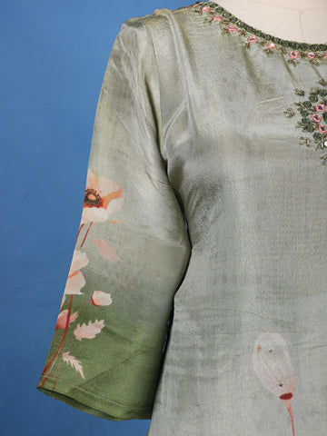 Green Floral Designed Silk Salwar Suit - Diadem