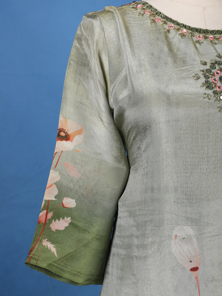 Green Floral Designed Silk Salwar Suit - Diadem