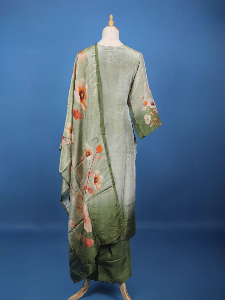 Green Floral Designed Silk Salwar Suit - Diadem