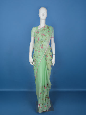 Green Floral Embroidered Kota Cotton Saree - Diadem