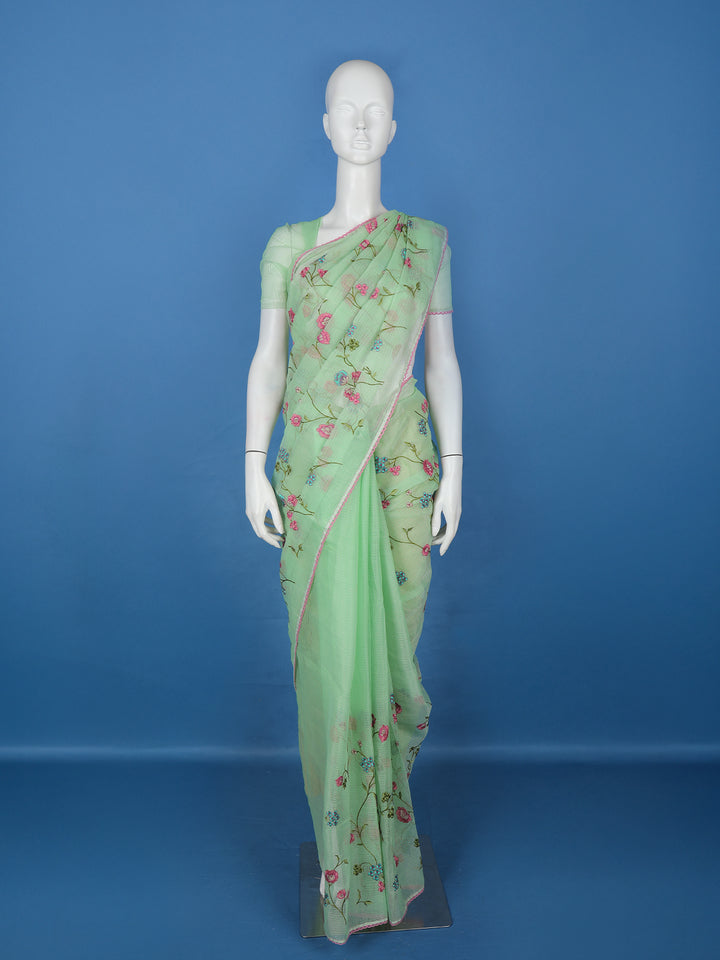 Green Floral Embroidered Kota Cotton Saree - Diadem