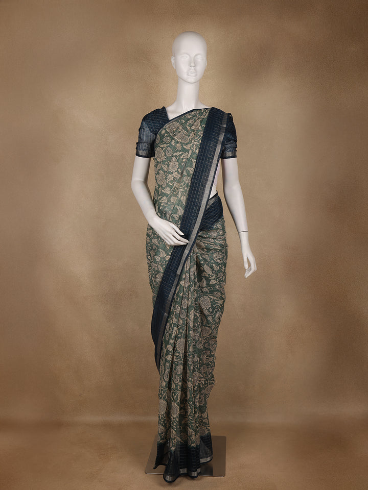 Green Kalamkari Printed Tussar Silk Saree With Contrast Teal Blue Border - Diadem