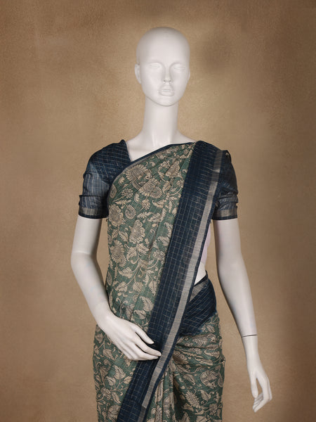 Green Kalamkari Printed Tussar Silk Saree With Contrast Teal Blue Border - Diadem