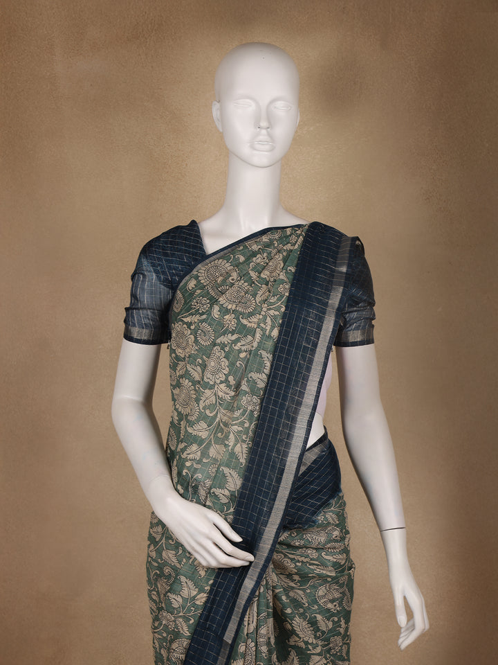 Green Kalamkari Printed Tussar Silk Saree With Contrast Teal Blue Border - Diadem