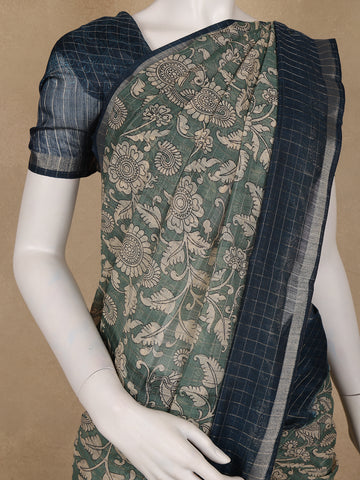 Green Kalamkari Printed Tussar Silk Saree With Contrast Teal Blue Border - Diadem