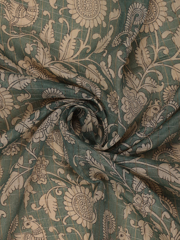 Green Kalamkari Printed Tussar Silk Saree With Contrast Teal Blue Border - Diadem