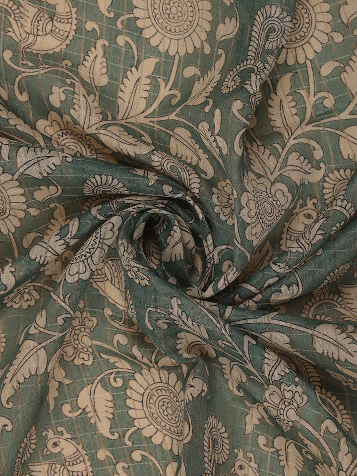 Green Kalamkari Printed Tussar Silk Saree With Contrast Teal Blue Border - Diadem