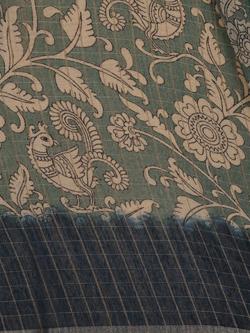 Green Kalamkari Printed Tussar Silk Saree With Contrast Teal Blue Border - Diadem