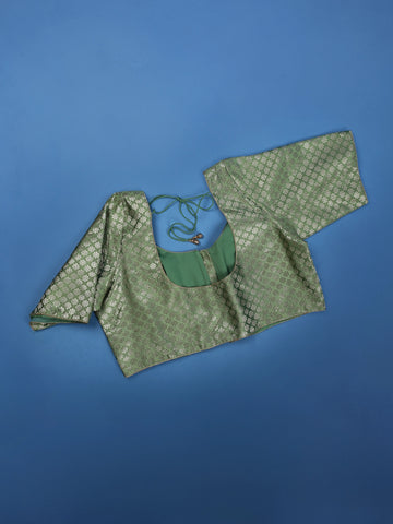 Green Zari Woven Floral Design Silk Readymade Blouse - Diadem