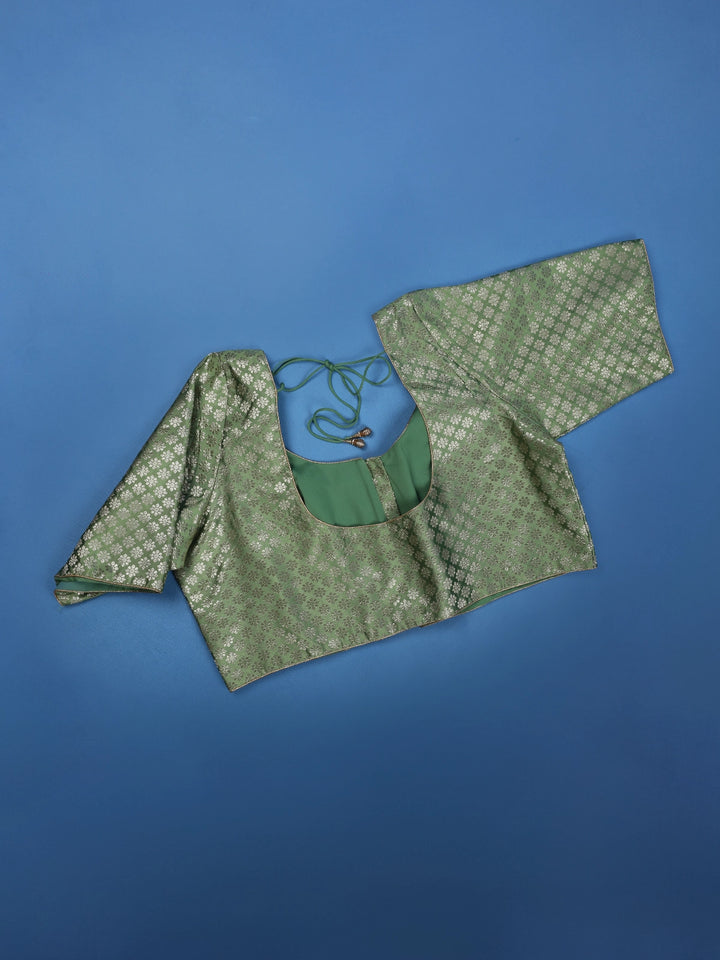 Green Zari Woven Floral Design Silk Readymade Blouse - Diadem