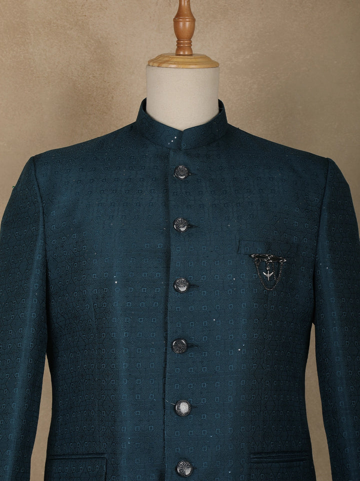 Green Abstract Designed Jodhpuri Men's Suit - Diadem