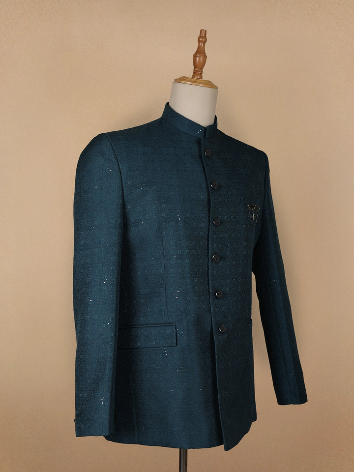 Green Abstract Designed Jodhpuri Men's Suit - Diadem