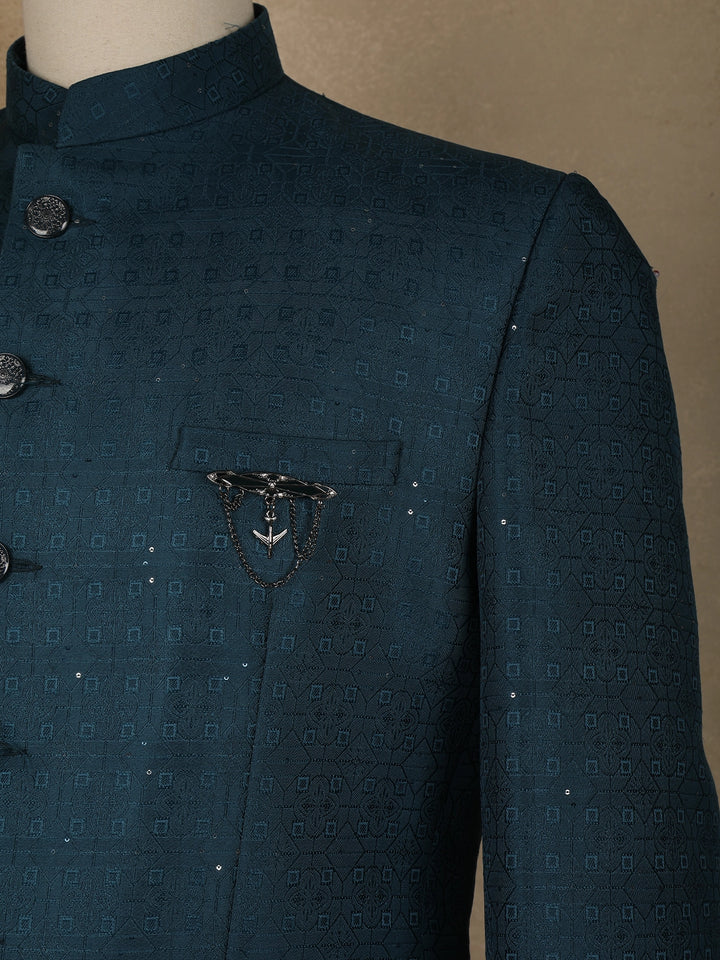 Green Abstract Designed Jodhpuri Men's Suit - Diadem