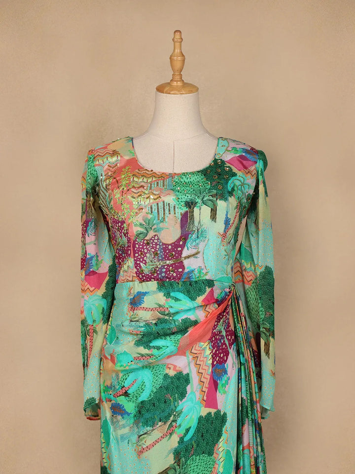 Green Abstract Printed Crepe Gown - Diadem