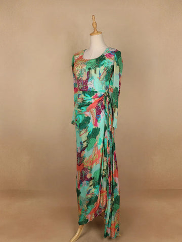 Green Abstract Printed Crepe Gown - Diadem