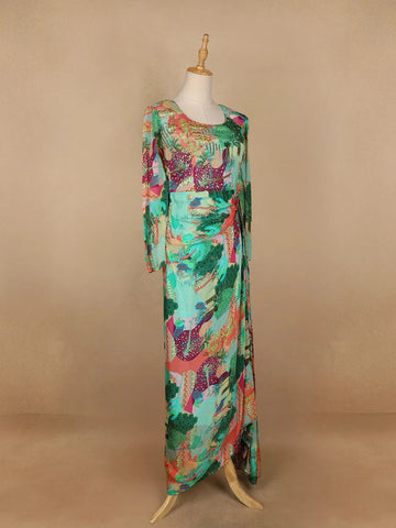 Green Abstract Printed Crepe Gown - Diadem