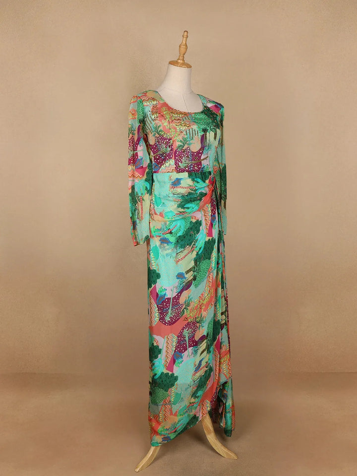 Green Abstract Printed Crepe Gown - Diadem