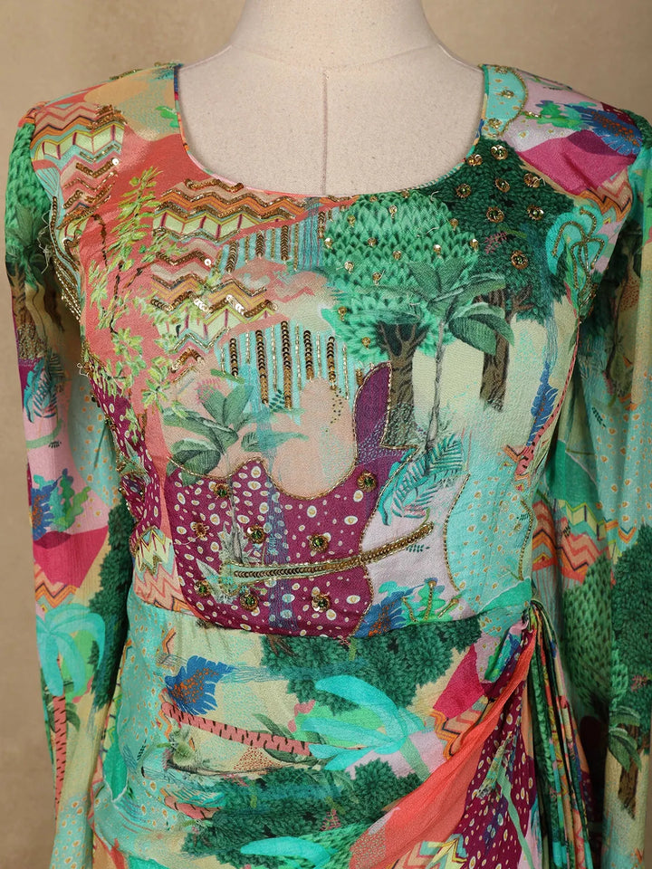 Green Abstract Printed Crepe Gown - Diadem
