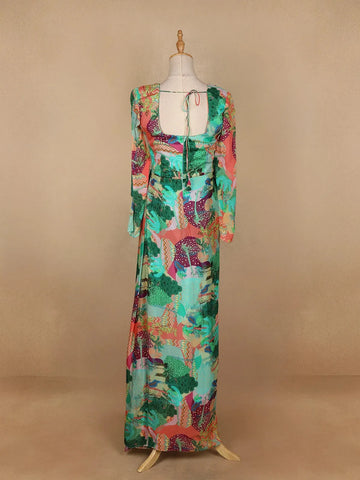 Green Abstract Printed Crepe Gown - Diadem