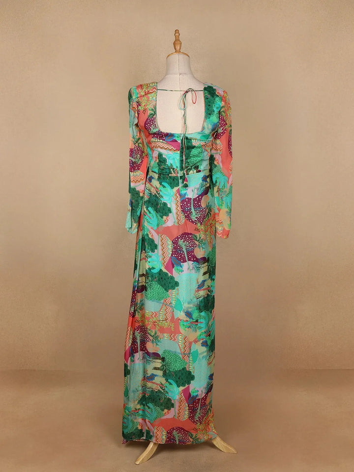 Green Abstract Printed Crepe Gown - Diadem
