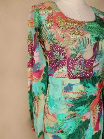 Green Abstract Printed Crepe Gown - Diadem