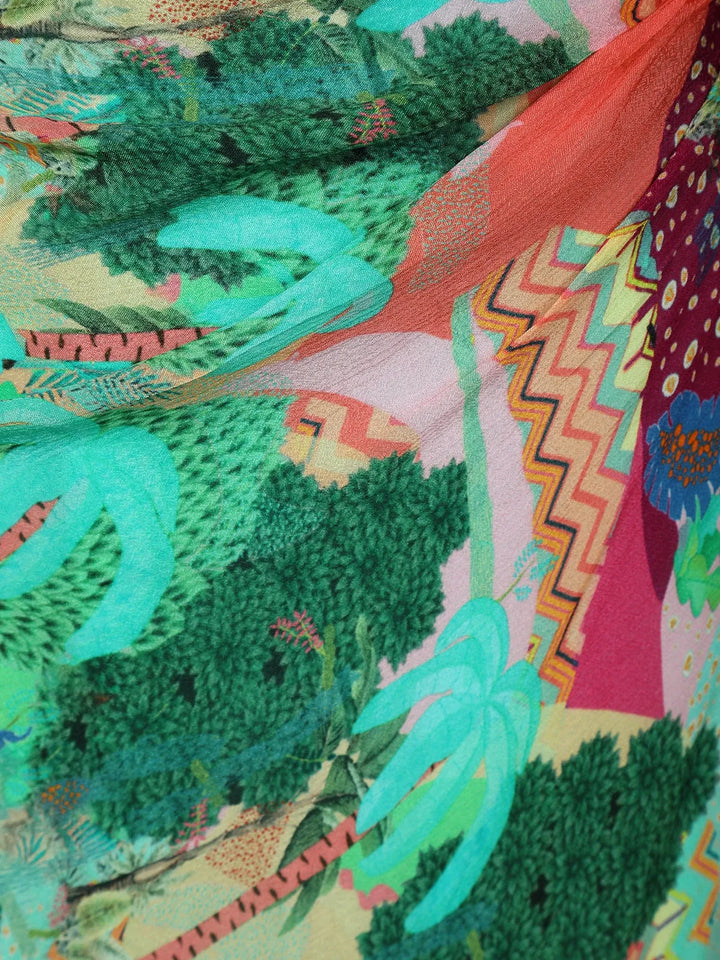 Green Abstract Printed Crepe Gown - Diadem
