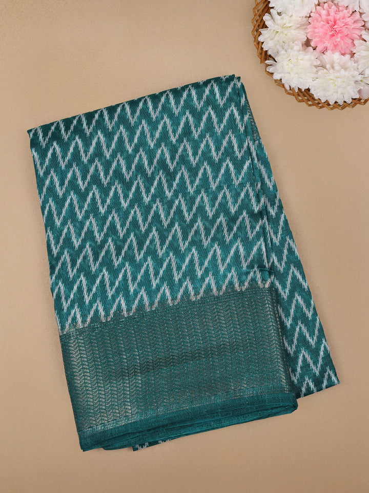Green Chevron Designed Fancy Cotton Saree - Diadem