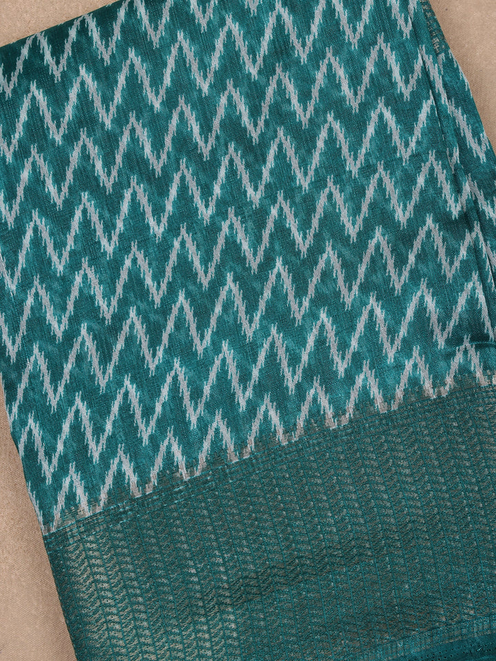 Green Chevron Designed Fancy Cotton Saree - Diadem