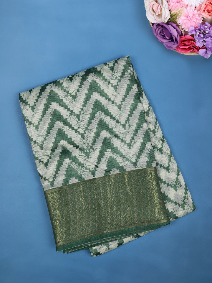 Green Chevron Designed Fancy Cotton Saree - Diadem