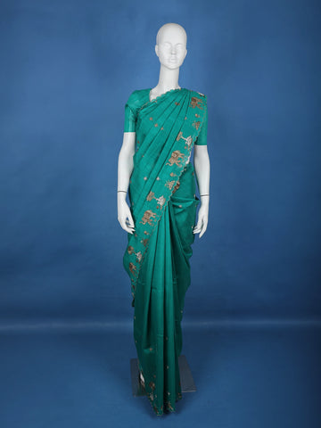 Green Elephant and Floral Designed Semi Tussar Saree - Diadem