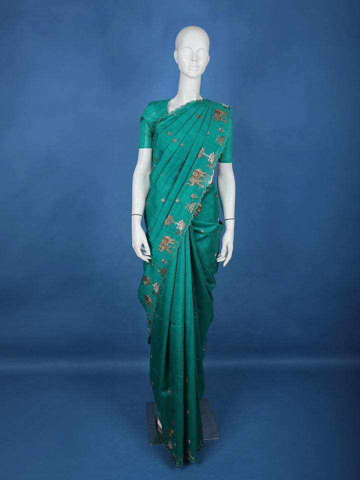 Green Elephant and Floral Designed Semi Tussar Saree - Diadem