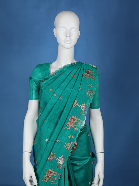 Green Elephant and Floral Designed Semi Tussar Saree - Diadem