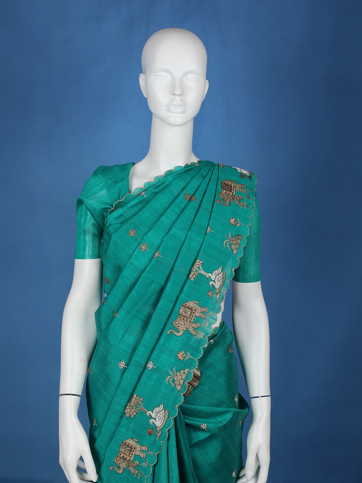 Green Elephant and Floral Designed Semi Tussar Saree - Diadem