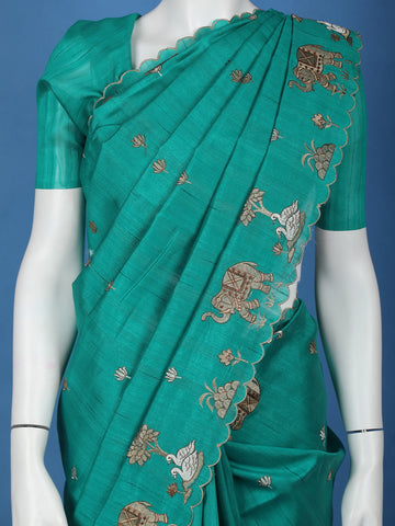 Green Elephant and Floral Designed Semi Tussar Saree - Diadem