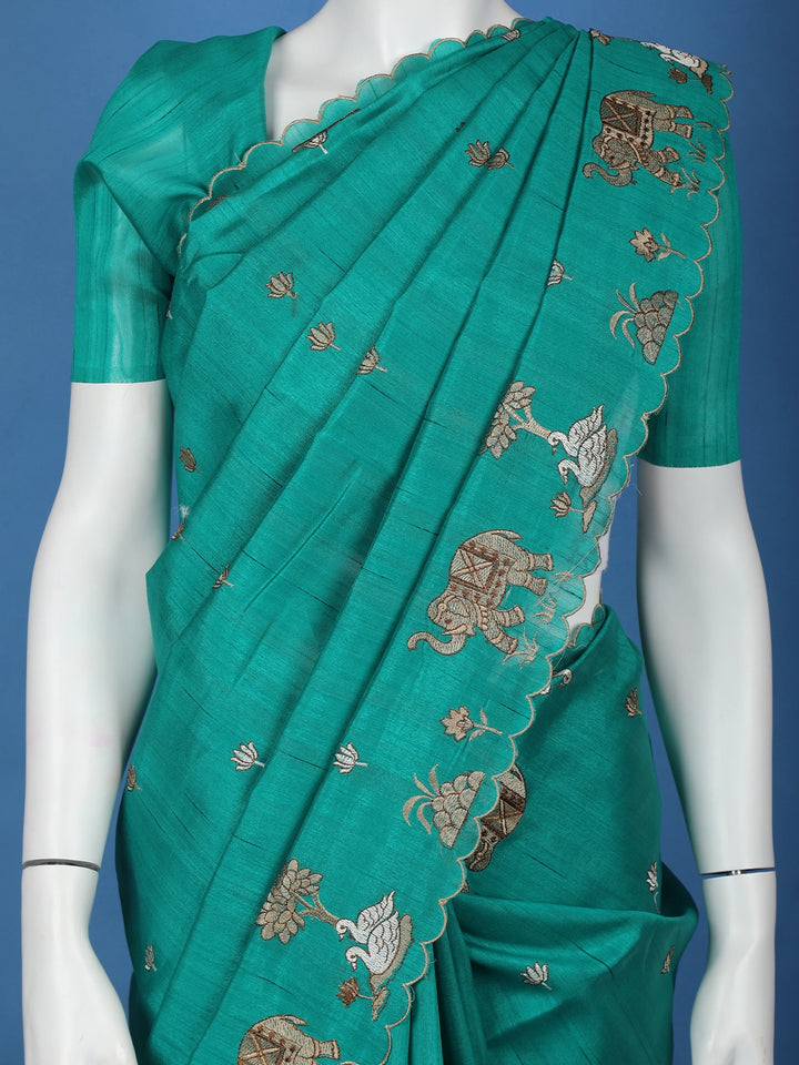 Green Elephant and Floral Designed Semi Tussar Saree - Diadem