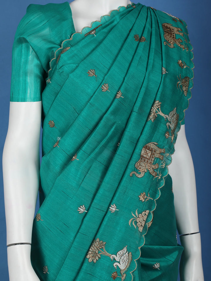 Green Elephant and Floral Designed Semi Tussar Saree - Diadem