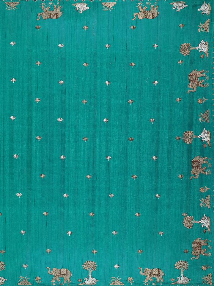Green Elephant and Floral Designed Semi Tussar Saree - Diadem
